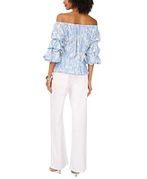 Vince Camuto Women's Printed Linen-Blend Off-The-Shoulder Bubble-Sleeve Top