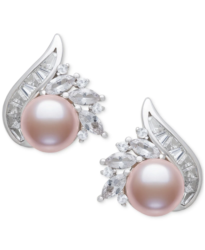 Belle de Mer Blush Cultured Freshwater Pearl (8-9mm) & Lab Created White Sapphire (2 ct. t.w.) Stud Earrings in Sterling Silver