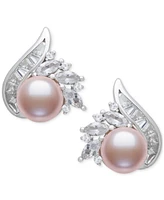 Belle de Mer Blush Cultured Freshwater Pearl (8-9mm) & Lab Created White Sapphire (2 ct. t.w.) Stud Earrings in Sterling Silver
