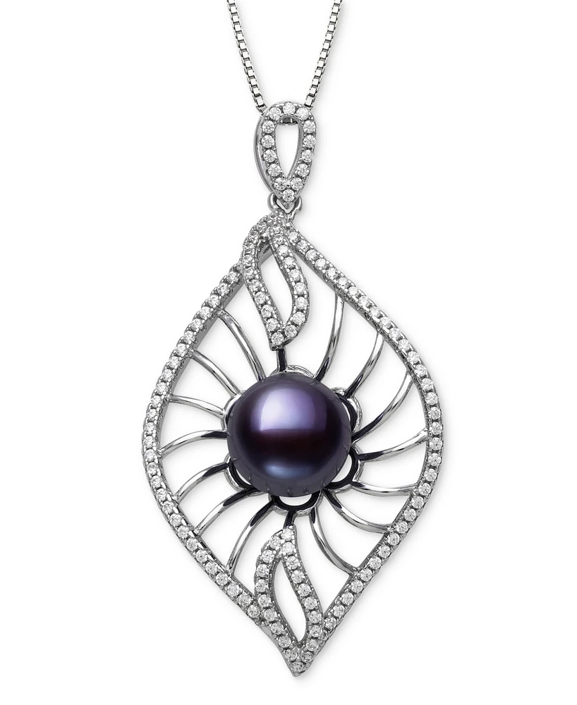 Belle de Mer Dyed Black Peacock Cultured Freshwater Pearl (10-11mm) & Lab Created White Sapphire (1 ct. t.w.) Pendant 18" Necklace Sterling Silver