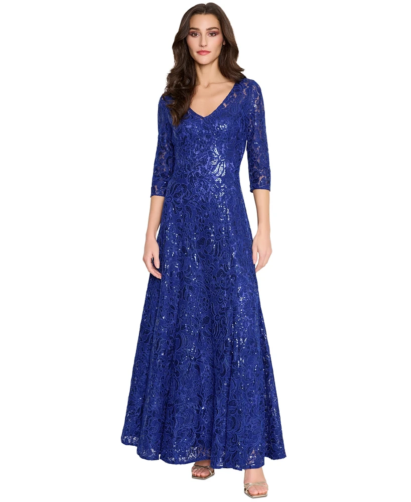 Tahari Women's V-Neck Sequined Embroidered Gown