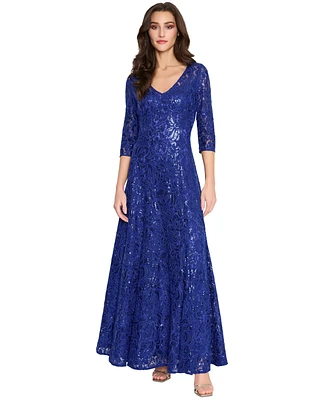 Tahari Women's V-Neck Sequined Embroidered Gown