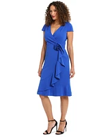 London Times Petite Short-Sleeve V-Neck Faux-Wrap Dress