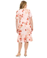 London Times Plus Floral Side-Knot Ruffle-Hem Dress