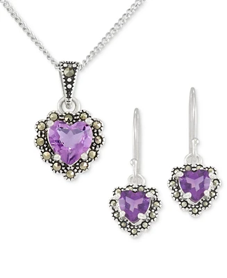 2-Pc. Set Amethyst (2 ct. t.w.) & Marcasite Pendant Necklace & Matching Drop Earrings in Sterling Silver