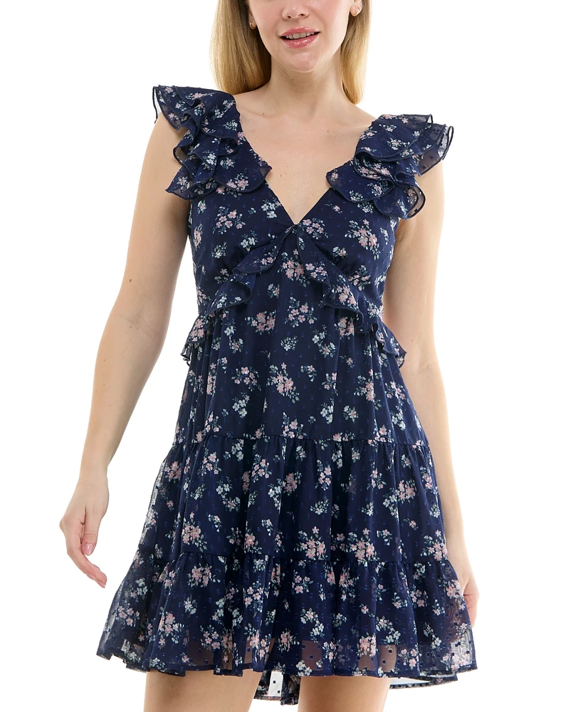 Trixxi Juniors' Floral Ruffle Clip-Dot Mini Dress