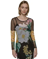 Karl Lagerfeld Paris Women's Mesh Floral-Print Long Sleeve Midi Dress