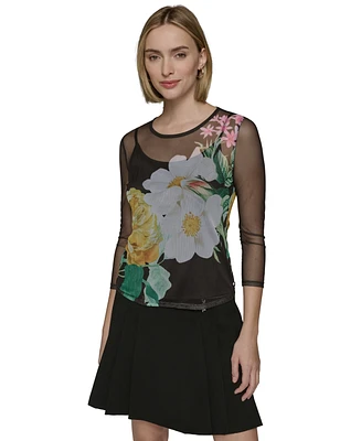 Karl Lagerfeld Paris Women's Sheer Floral 3/4-Sleeve Top