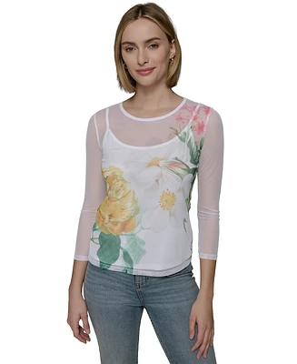 Karl Lagerfeld Paris Women's Sheer Floral 3/4-Sleeve Top