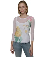 Karl Lagerfeld Paris Women's Sheer Floral 3/4-Sleeve Top