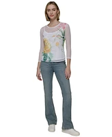 Karl Lagerfeld Paris Women's Sheer Floral 3/4-Sleeve Top