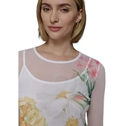 Karl Lagerfeld Paris Women's Sheer Floral 3/4-Sleeve Top