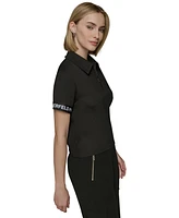 Karl Lagerfeld Paris Women's Logo-Cuff Polo Top
