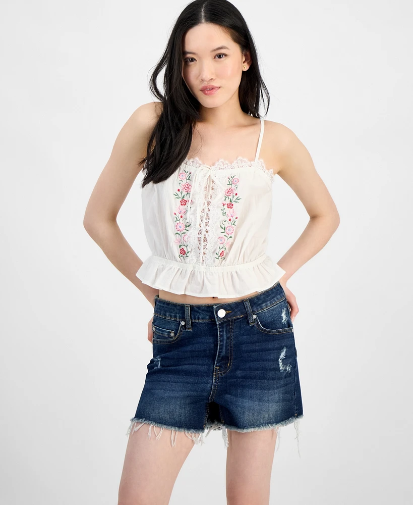 Self Esteem Juniors' Lace-Trim Embroidered Peplum Tank Top