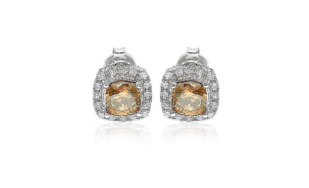 Suzy Levian Sterling Silver Cubic Zirconia Cushion-Cut Halo Stud Earrings