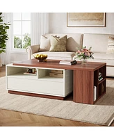 Tribesigns Coffee Table, Extendable Coffee Table with 2 Drawers and Storage Shelves, Rectangular Wooden Center Table with Reversible Tabletop for Livi