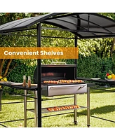 8×5FT Gray Arc Hardtop Grill Gazebo Canopy with 2-Tier Roof & Side Shelves, Waterproof Bbq Tent