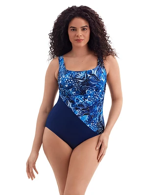 Longitude by Mimi Flamingo Summer Waves Side Shirred Tank One Piece Swimsuit