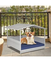 Wicker Dog House with Waterproof Roof and Washable Cushion Cover