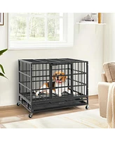 38 Inch Foldable Heavy-Duty Metal Dog Cage with Lockable Rolling Casters and Tray