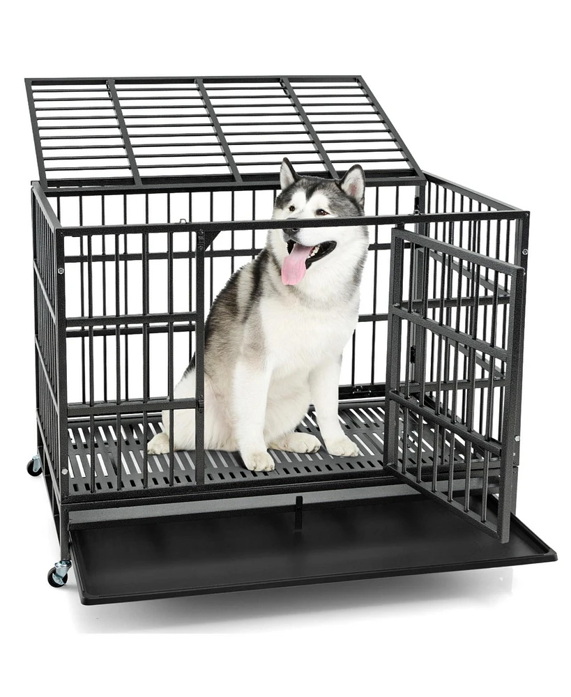 48 Inch Foldable Heavy-Duty Metal Dog Cage with Lockable Rolling Casters and Tray