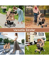 Folding Pet Stroller with Storage Basket and Adjustable Canopy