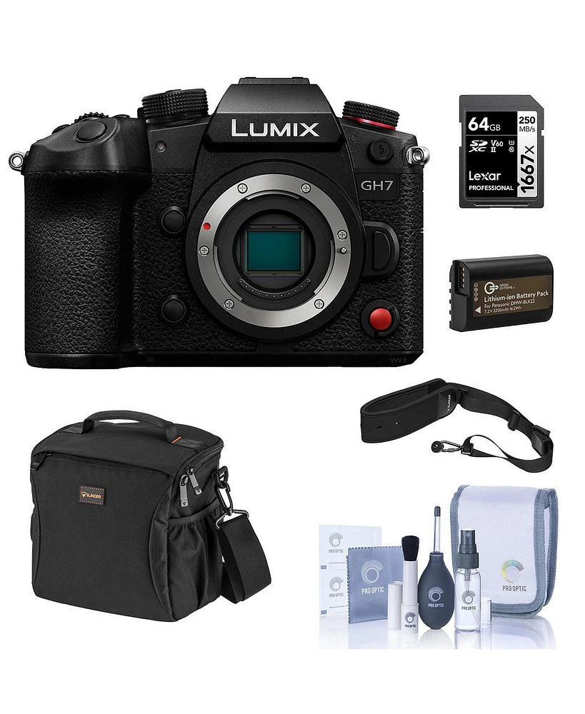 Panasonic Lumix GH7 Mirrorless Camera, Bundle with 64GB Memory Card, Li-Ion Battery, Shoulder Bag, Camera Strap and Cleaning Kit