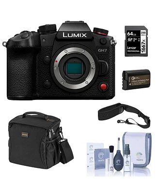Panasonic Lumix GH7 Mirrorless Camera, Bundle with 64GB Memory Card, Li-Ion Battery, Shoulder Bag, Camera Strap and Cleaning Kit