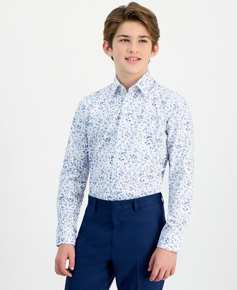 Michael Kors Big Boys Floral-Print Stretch Classic-Fit Dress Shirt