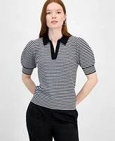T Tahari Women's Collared Split-Neck Puff-Sleeve Top