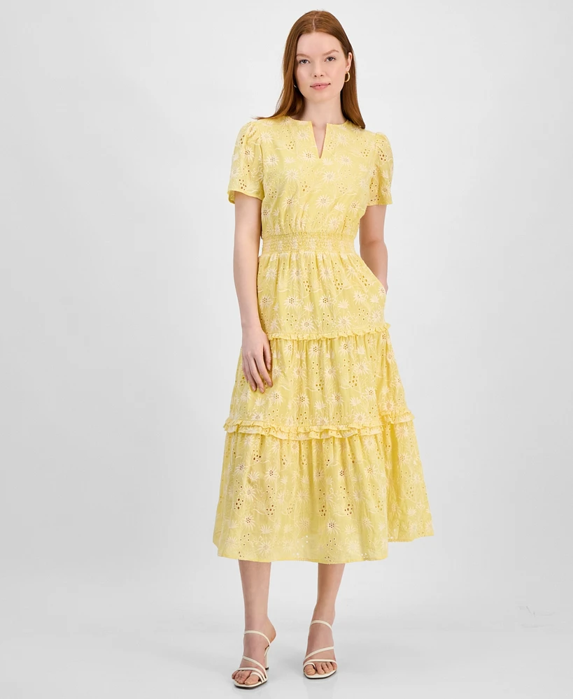 T Tahari Women's Cotton Eyelet Tiered Midi Dress