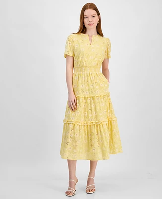 T Tahari Women's Cotton Eyelet Tiered Midi Dress