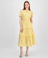 T Tahari Women's Cotton Eyelet Tiered Midi Dress