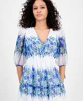 Taylor Women's Printed V-Neck Smocked-Waist Dress