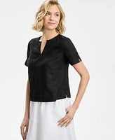 Charter Club Women's Split-Neck 100% Linen Top, Exclusively at Macy's