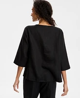 Charter Club Petite 100% Linen Embroidered 3/4-Sleeve Top, Exclusively at Macy's