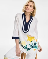 Charter Club Women's Embroidered 3/4-Sleeve 100% Linen Tunic Top, Exclusively at Macy's