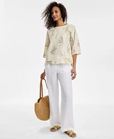 Charter Club Womens Palm Print 100 Linen Top 100 Linen Drawstring Pants Exclusively At Macys