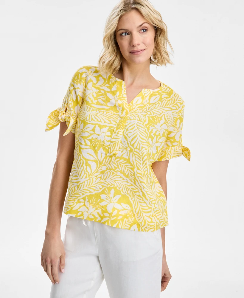 Charter Club Women's Bhavana Tie-Sleeve Woven 100% Linen Top, Exclusively at Macy's