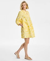 Charter Club Women's Floral-Print Bhavana 3/4-Sleeve 100% Linen Pintuck Dress, Exclusively at Macy's