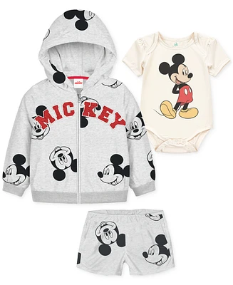 Disney Baby Boys Mickey Mouse Hoodie, Bodysuit & Shorts, 3 Piece Set