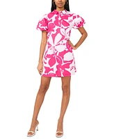 Msk Women's Printed Cotton Collared Puff-Sleeve Shift Dress