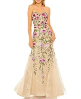 Women's Strapless Sheer Bustier Embroidered Mermaid Gown