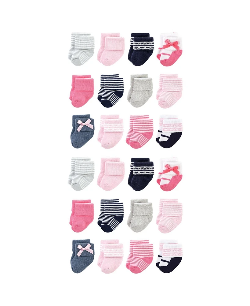 Luvable Friends Cotton Rich Baby Terry Socks 24-Pack, Pink Scroll, 0-6 Months