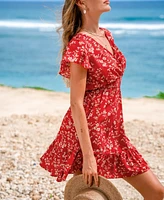 Women's Crimson Petals Floral Mini Beach Dress