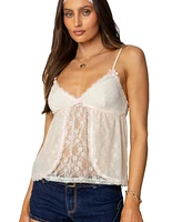 Edikted Womens Ribbon Sheer Lace Babydoll Top