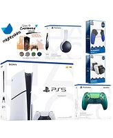 Sony Playstation 5 Slim Disc Bundle with White Pulse Headset, Extra Chroma Indigo Controller, Trigger Stop Kit, Dual Charge Dock and MightySkins Decal