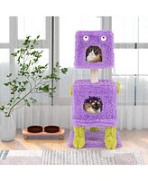 Cute Monster-Themed Cat Tower with 2 Private Condos Space-Saving Playhouse for Small Spaces