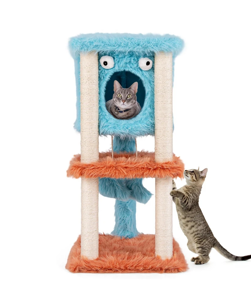 Cute Monster-Themed Cat Tower with Private Condo & Soft Long Plush Cozy & Fun Playhouse for Cats