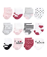 Hudson Baby Cotton Rich Baby Terry Socks 24-Pack, Mom and Dad Girl Pink Black, 0-6 Months